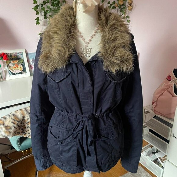 2000s Navy Blue Faux-Fur Hood Jacket - Picture 7 of 8